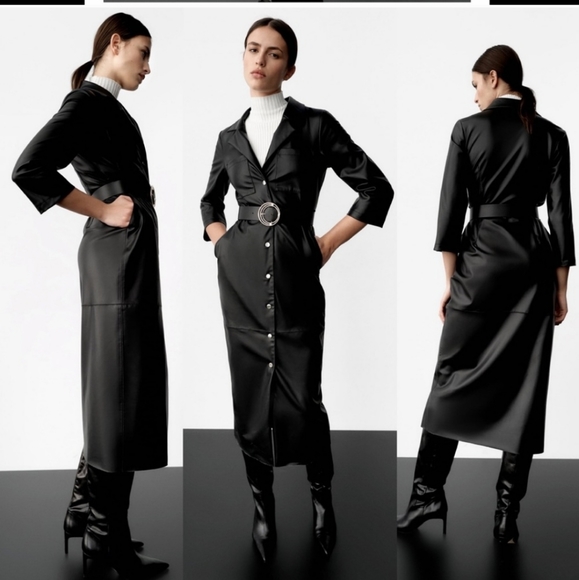 Zara * Faux Leather Midi Dress Black Belted Size XS S - Picture 10 of 10